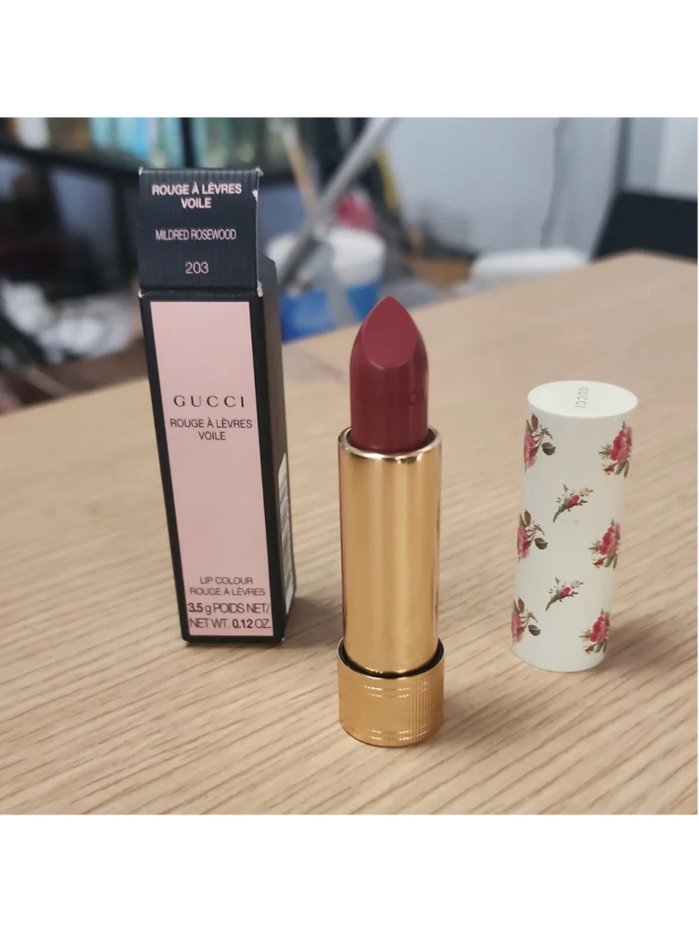 GUCCI Rouge A Lèvres Voile Sheer Lipstick Stick 203 Mildred Rosewood 0.12 oz